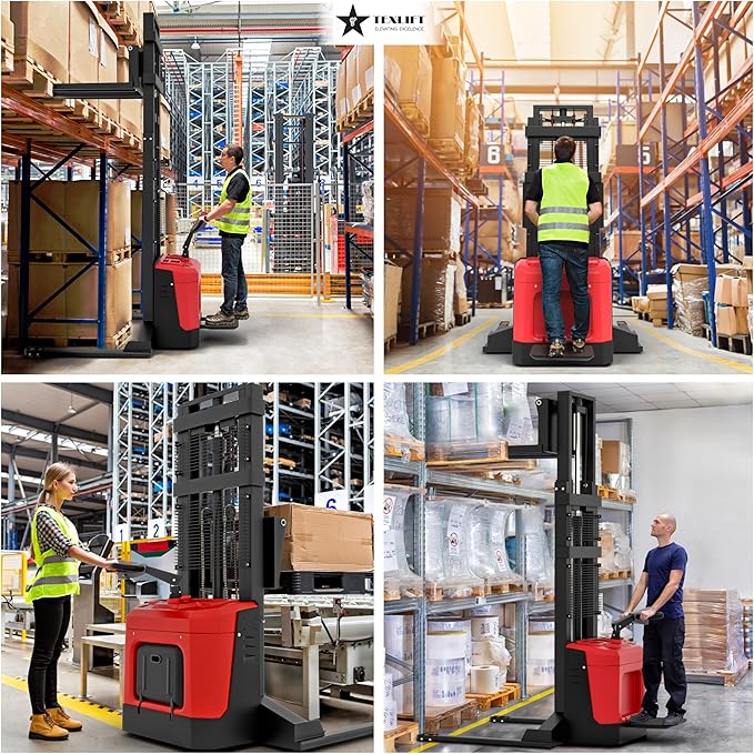 Full Electric Forklift Walkie Pallet Stacker with Stand - Fixed Straddle Legs and Adjustable Forks 5.50 Inch to 27 Inch ??Material Lifter 3300lbs Capacity 10Ft/118 Inch Lifting Heights (US-DS33K-118)