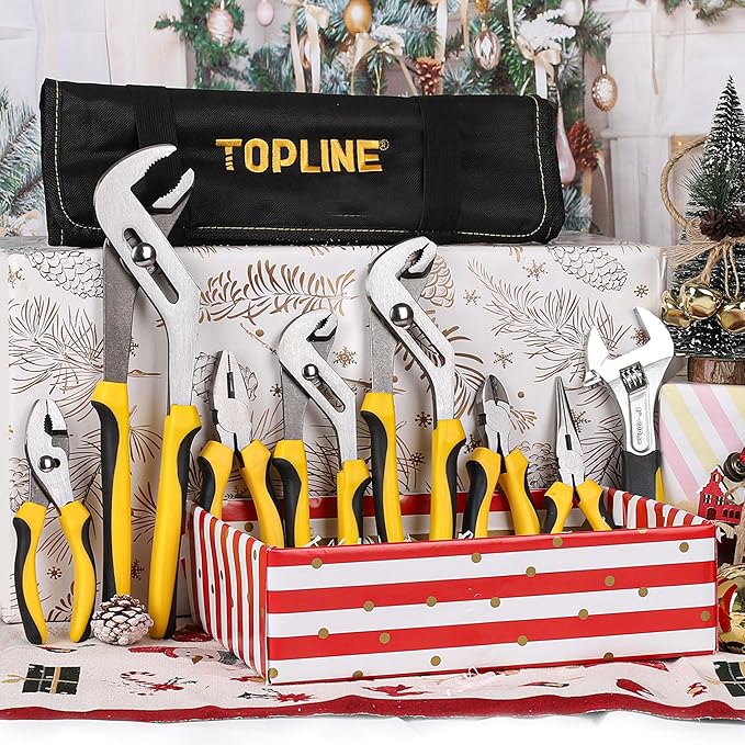 TOPLINE 8-Piece Pliers and Wrench Set, 8??Adjustable Wrench, 12?? 10?? 8??Groove Joint, 7??Linesman, 6??Slip Joint, 6??Long Nose, 6??Diagonal Pliers for Home Repair, Rolling Pouch Included