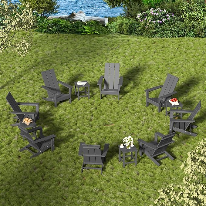 12 Pieces Adirondack Chair Set Outdoor Adirondack Chair Plastic HDPE All-Weather Adirondack Chairs Outdoor Fire Pit Chairs with Table for Deck Patio Garden（Grey）