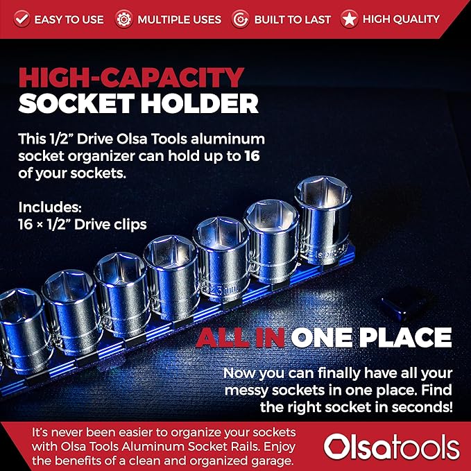 Olsa Tools Socket Organizer - 1/2-Inch Drive Socket Holder Rail - Blue Aluminum Socket Rail, Stores 16 Impact or Chrome Sockets - Professional Grade Metric or SAE Socket Organizer - Part: 1015