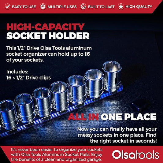 Olsa Tools Socket Organizer - 1/2-Inch Drive Socket Holder Rail - Blue Aluminum Socket Rail, Stores 16 Impact or Chrome Sockets - Professional Grade Metric or SAE Socket Organizer - Part: 1015