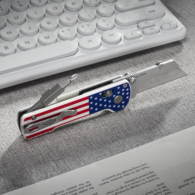 OKNIFE U1 Pro Multitool Folding Utility Knife with Folding Screwdriver, Quick Change Blade, Rail Lock & Pocket Clip for Men Women (Stars & Stripes)
