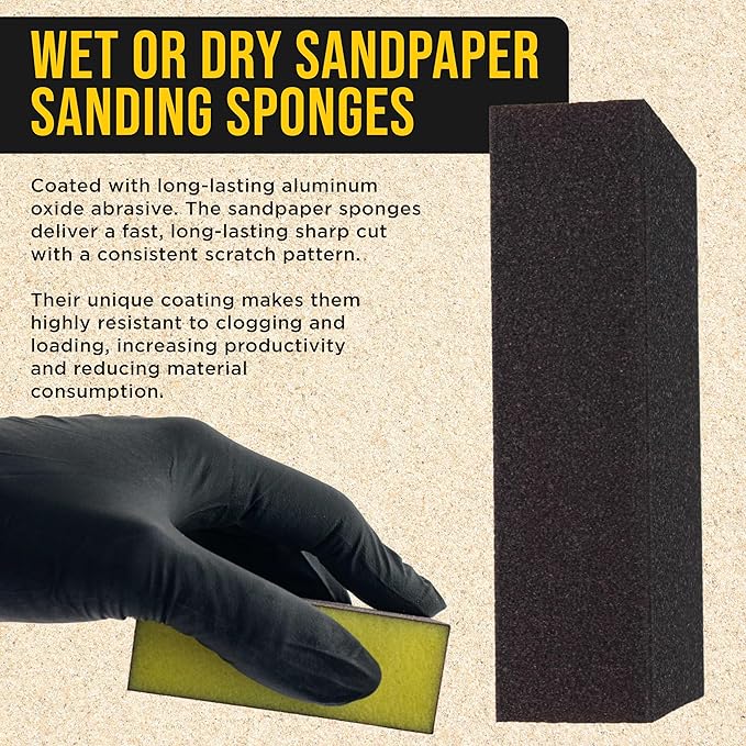Dura-Gold 80 Grit 4-Sided Hand Sanding Block Sponges, Box of 6 - Performance Flex 3.9" x 2.75" x 1" Wet or Dry Flexible Sandpaper Abrasive Brick Pads, Reusable - Sand Wood, Drywall, Metal, Auto Paint
