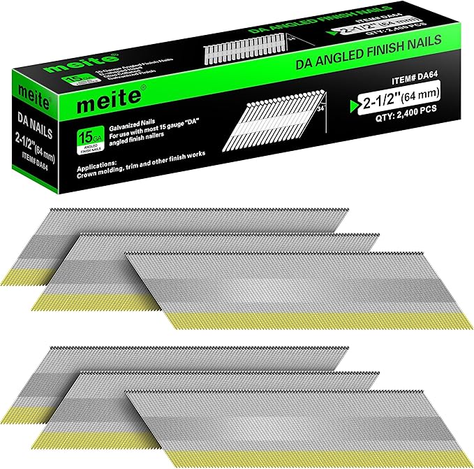 meite 15 Gauge Angled Finish Nails 2-1/2 Inch 34 Degree Nails for Pneumatic Electric Finish Nailer Gun, Galvanized No-Rust DA Finishing Nail for Cabinet Crown Baseboard Window Casing, 14,400 PCS