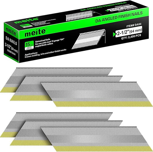 meite 15 Gauge Angled Finish Nails 2-1/2 Inch 34 Degree Nails for Pneumatic Electric Finish Nailer Gun, Galvanized No-Rust DA Finishing Nail for Cabinet Crown Baseboard Window Casing, 14,400 PCS