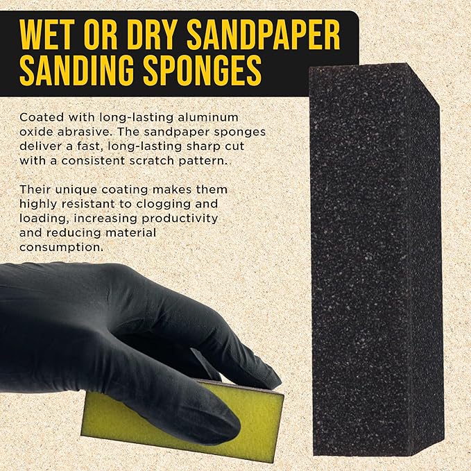 Dura-Gold 36 Grit 4-Sided Hand Sanding Block Sponges, Box of 6 - Performance Flex 3.9" x 2.75" x 1" Wet or Dry Flexible Sandpaper Abrasive Brick Pads, Reusable - Sand Wood, Drywall, Metal, Auto Paint