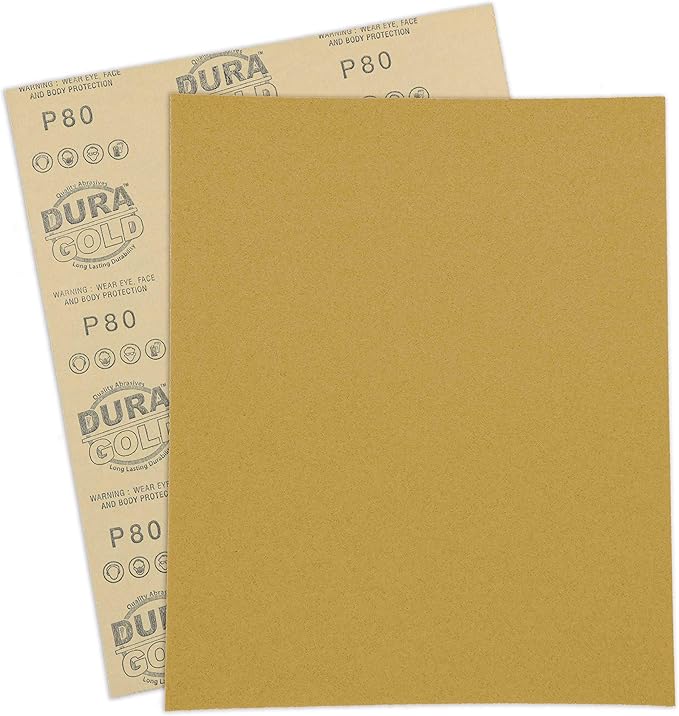 Dura-Gold Premium 9" x 11" Gold Sandpaper Sheets, 80 Grit (Box of 8) - Wood Furniture Woodworking, Automotive Paint - Full-Size Cut to Use on 1/4, 1/3, 1/2 Sheet Finishing Sanders, Hand Sanding Block