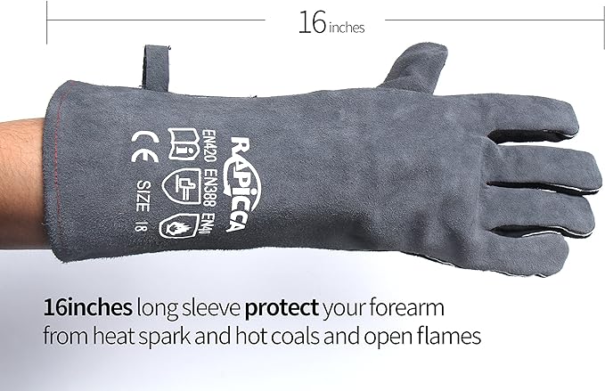 RAPICCA Fireplace Gloves Fire Heat Resistant: Grey 16IN 662?? Fireproof Leather for Fireplace Fire pit Wood stove Campfire Furnace BBQ Grill Oven Stick Mig Welding Welder Gear - Birthday Gift for men