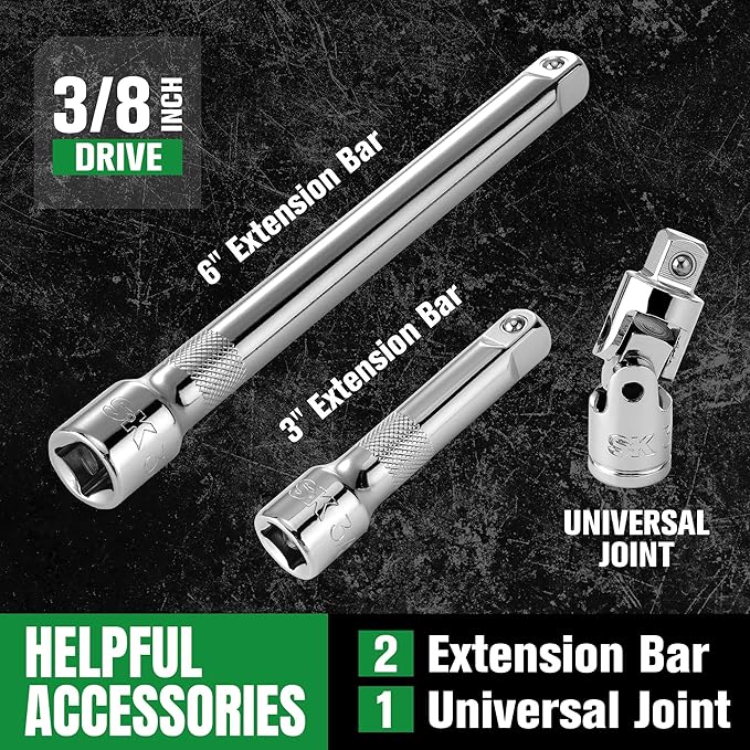 SK 3/8" Drive Socket Set with 216-P Quick-Release Ratchet, 41-Piece, SAE & Metric, SuperKrome Finish, Premium CR-V Construction, with Storage Suitcase