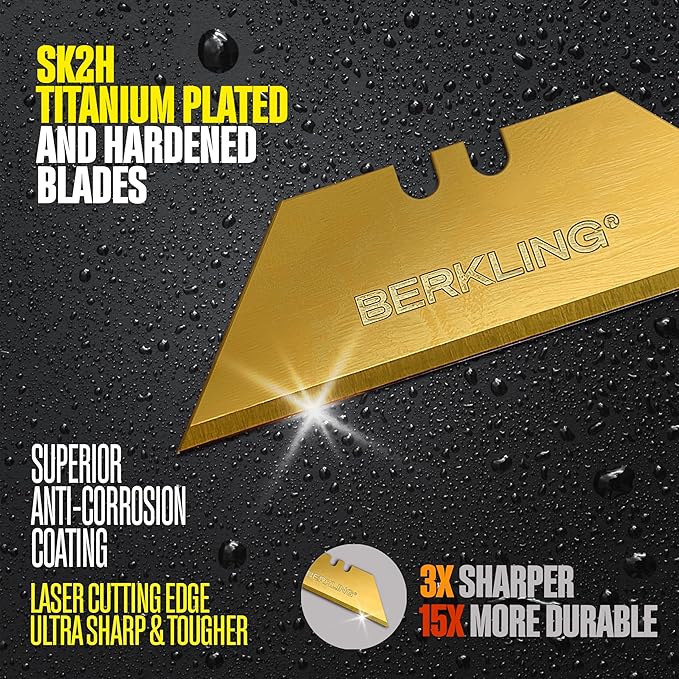 Utility Knife Blades Titanium Plated 50 PCS With Dispenser, SK2H Laser Sharpened Hardened, Ultra 3X Sharper and 15X More Durable, Standard T-Shape Replacement Box Cutter Razor Blades