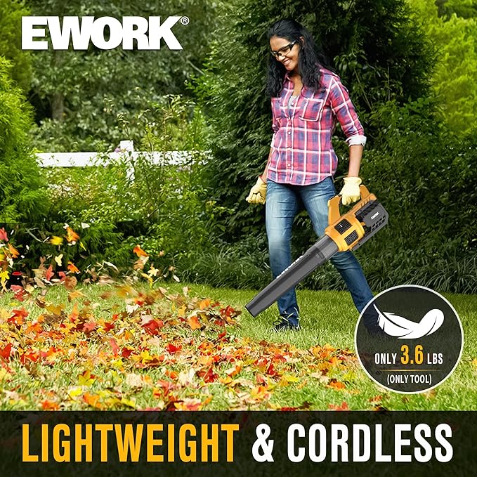 EWORK 21V Cordless Leaf Blower, Powerful Turbo Mode & 550 CFM, 2횞3.0Ah Batteries & Fast Charger, Lightweight Electric Leaf Blowers for Lawn Care, Patio, Leaves & Dust