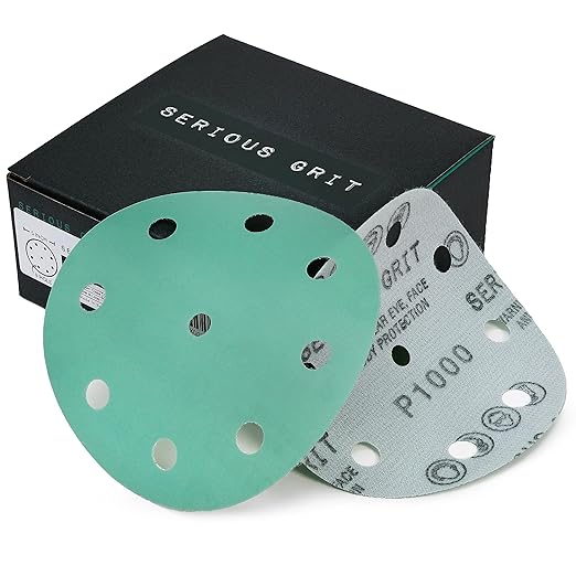 Serious Grit - 5-Inch 9-Hole 1000 Grit Sanding Discs - Heavy-Duty Hook & Loop Film Discs - Sandpaper for Random Orbital Sanders - 50 Pack Box