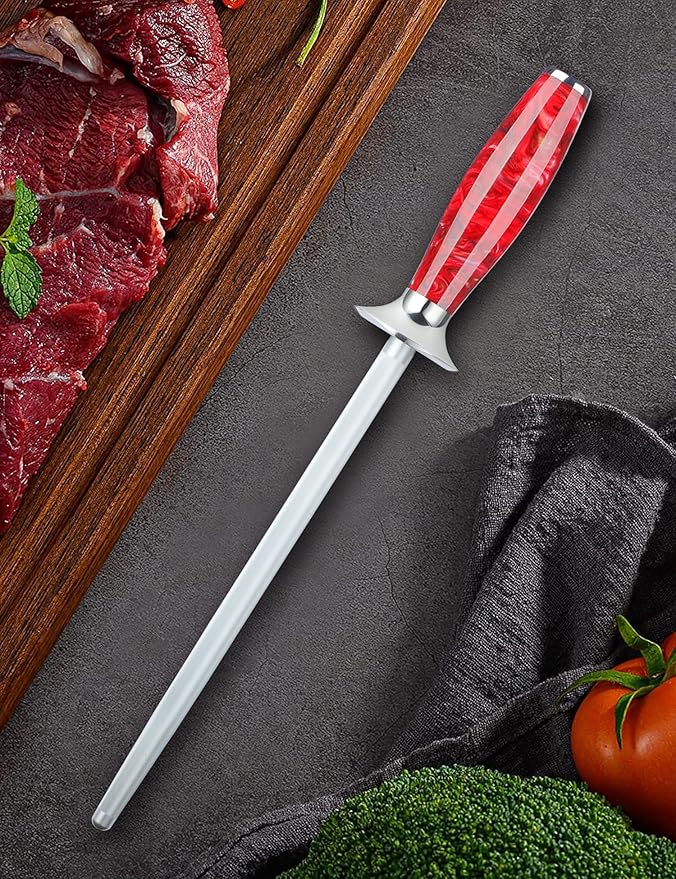 Honing Rod, Sharpening Steel for Kitchen Knives ??9" Honing Steel ??Resin Handle ??XUAN Series (Rose Red)