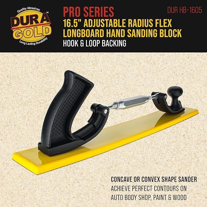 Dura-Gold Pro Series 16.5" Adjustable Radius Flex Longboard Hand Sanding Block - Hook & Loop Backing Sandpaper - Concave or Convex Shape Sander - Achieve Perfect Contours on Auto Body Shop Paint, Wood