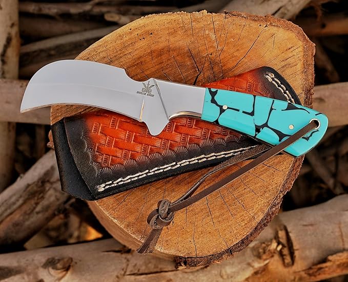 Stainless Steel Lineman's Hawkbill Knife, Fixed Blade Full Tang, Turquoise Handle with Leather Sheath
