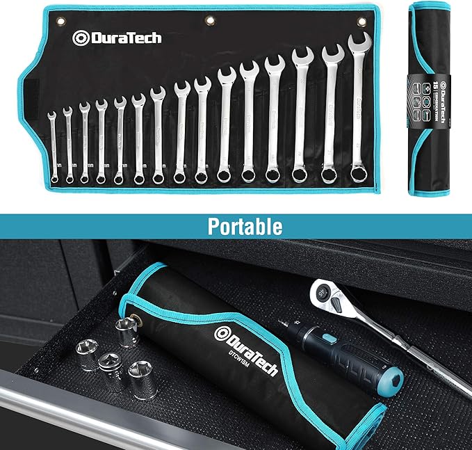 DURATECH Combination Wrench Set, Metric, 15-Piece, 8, 9, 10, 11, 12, 13, 14, 15, 16, 17, 18, 19, 20, 21, 22mm, 12-Point, CR-V Steel, with Rolling Pouch