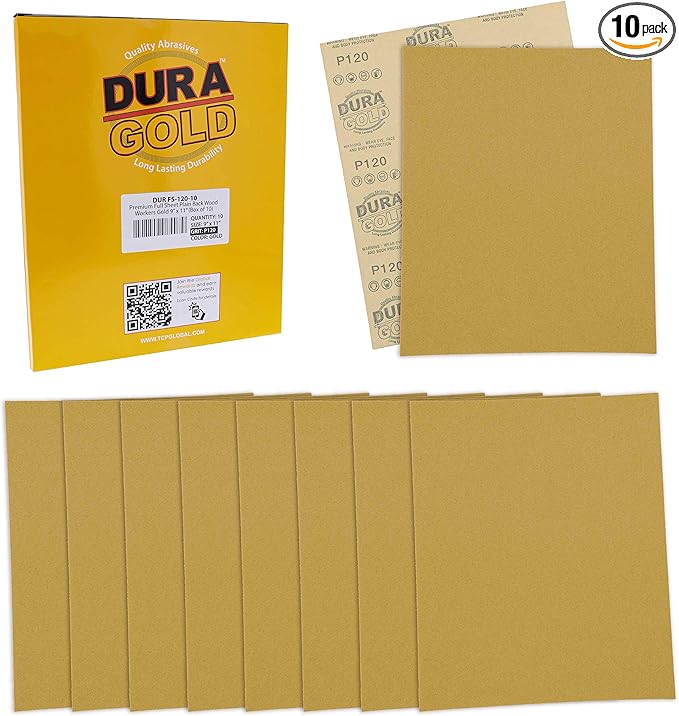 Dura-Gold Premium 9" x 11" Gold Sandpaper Sheets, 120 Grit (Box of 10) - Wood Furniture Woodworking, Automotive Paint, Full-Size Cut to Use on 1/4, 1/3, 1/2 Sheet Finishing Sanders, Hand Sanding Block