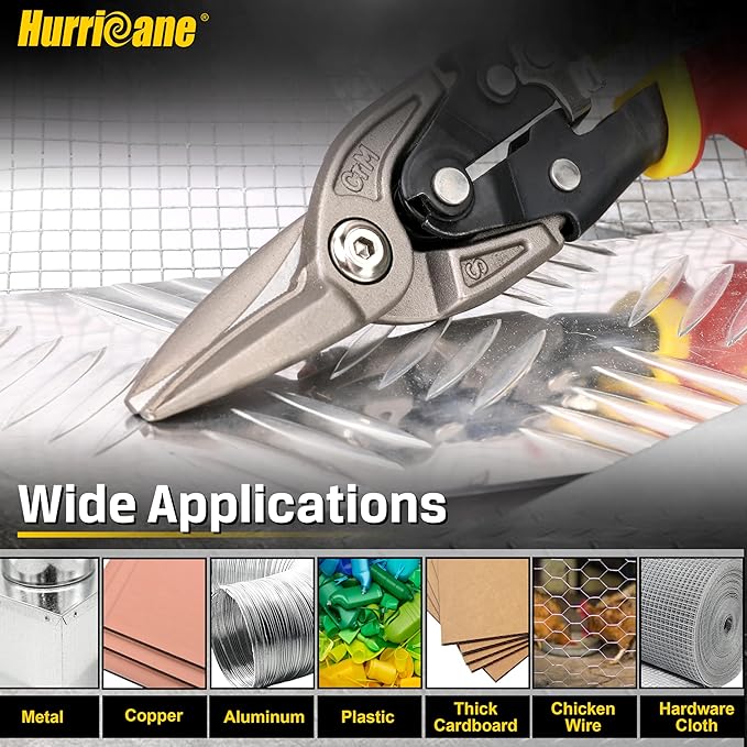 HURRICANE 10 Inch Aviation Snips with Safety Lock, CR-MO Blades Straight Cutting Metal Cutters in Sheet Metal, HVAC & Home DIY