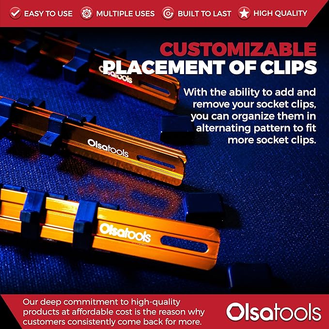 Olsa Tools Aluminum Socket Organizer, 3pc Set - Orange Socket Holder Kit 1/2-Inch, 3/8-Inch, and 1/4-Inch Drive - Holds 58 Chrome or Impact Sockets - Professional Grade Socket Rails - Part: 1106