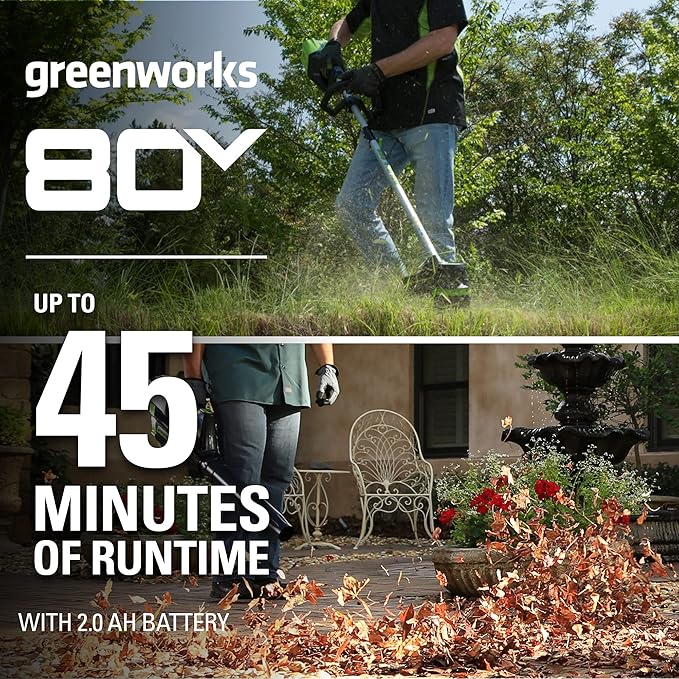 Greenworks 80V Brushless Cordless Yard Tool Combo Kit with 2.0Ah Battery & Rapid Charger ??16" Dual-Line String Trimmer and 500 CFM / 125 MPH Leaf Blower, Variable Speed, 4-Year Warranty