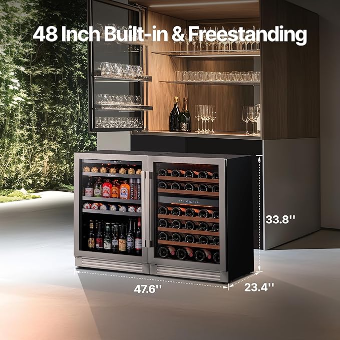 Ca'Lefort Wine Beverage Refrigerator Bundle - 48 Inch 34-65째F Drink Fridge Glass Door, 3 LED Dual Zone Wine Fridge Built-in or Freestanding, Holds 220 Cans and 46 Bottles (11.3 Cu.ft)