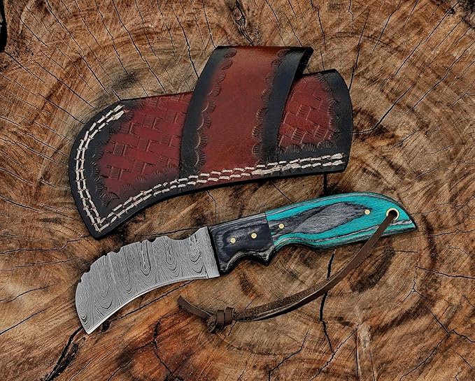 Damascuss Steel Lineman's Hawkbill Knife, Fixed Blade Full Tang, Turquoise Handle with Leather Sheath Electrician skinning knife for professional