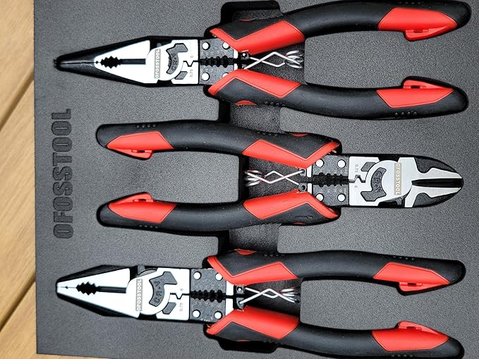 3PCS Combination Pliers Set, 9 In 1 Multifunction Electrician Tool, 8.5" Long Nose, 8.5" Linemens, 8" Diagonal Cutting Wire Stripper/Heavy Duty Side-Cut (Red/Black)