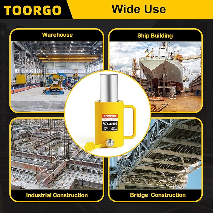 30T 4Inch Stroke Porta Power Single Acting Lifting Cylinder for Shipbuilding, Machinery and Industry,Automatically Retract Split Hydraulic Cylinders Jacks, Yellow