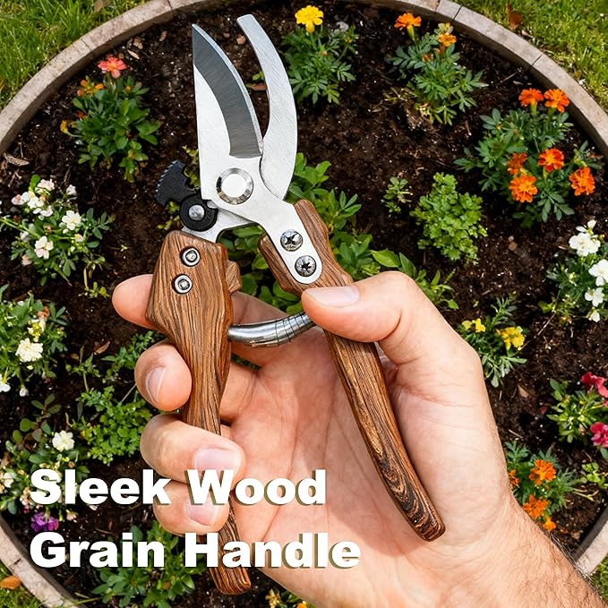 Pruning Shears -5/8-Inch Cut Capacity Garden Shears,8.5?섃?Handheld Gardening Scissors,Gardening Tools with Sharp Steel Blade &Non-Slip&Wood-Grain Grip,for Indoor Plant, Bonsai, Shrub, Branch Trimming