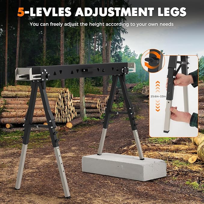 2 Pack Heavy Duty Folding Sawhorse Pair, Adjustable Height & Legs, Portable Metal Saw Horses with 2600 LBS Load Capacity, Portable Folding and Fast Open Legs and Easy Grip Handle for Woodworking.