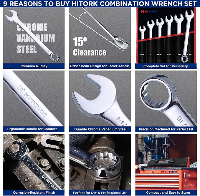 Hitork 6-Piece Large SAE Wrench Set, 12-Point Box End, Drop Forged Chrome-Plated Cr-V Steel, 15° Offset, Polished, Roll Pouch Included – Sizes 15/16” to 1-1/4”