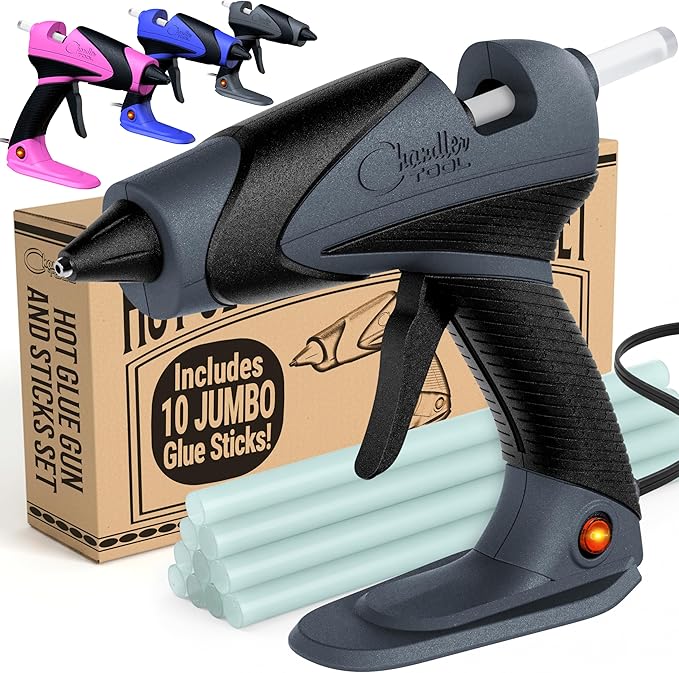 Chandler Tool Full Size Hot Glue Gun And Sticks Set for Crafts and DIY Pistola De Silicona Caliente Inalambrica Complete Heavy Duty Hot Glue Gun Kit With 10 Jumbo Glue Sticks (Grey/Black)