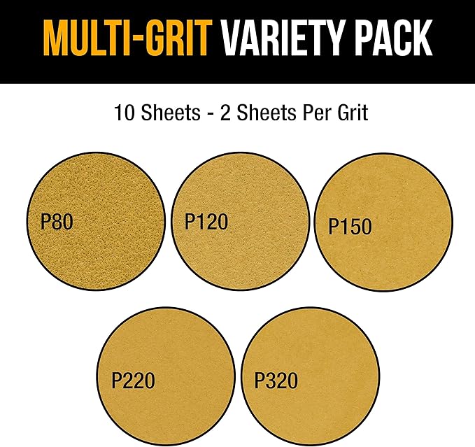 Dura-Gold Premium 9" x 11" Gold Sandpaper, 2 Each 80, 120, 150, 220, 320 Grit Sanding Sheets, 10 Total - Wood Woodworking, Automotive, Cut Use 1/4, 1/3, 1/2 Sheet Finishing Sanders, Hand Sanding Block