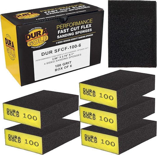 Dura-Gold 100 Grit 4-Sided Hand Sanding Block Sponges, Box of 6 - Performance Flex 3.9" x 2.75" x 1" Wet or Dry Flexible Sandpaper Abrasive Brick Pads, Reusable - Sand Wood, Drywall, Metal, Auto Paint