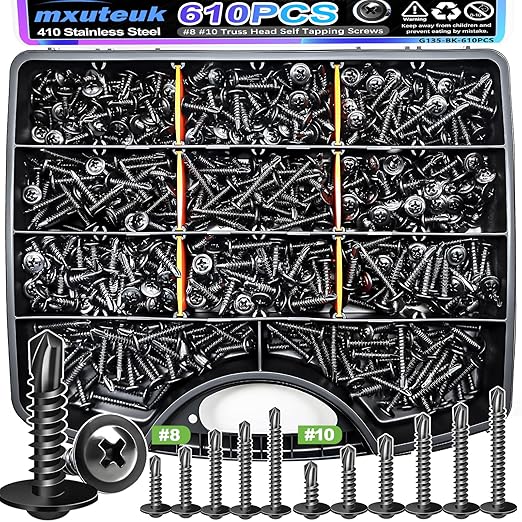 mxuteuk 610PCS #8#10 Black Self Tapping Screws,410 Stainless Steel Self Drilling Screws for Metal,Truss Head Black Self Tapping Screw for Metal,Plastic,Wood(1/2" to 1-1/2")