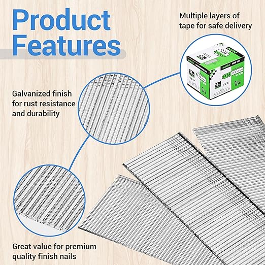 meite 16 Gauge Finish Nails, 2-1/2-Inch Galvanized 16 Gauge Brad Nails, Small Straight Finishing Nail for 16 Gauge Finish Nailer Guns (1 Case)
