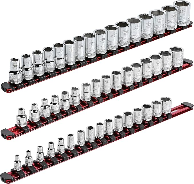 ARES 60124-3-Piece Red 17-Inch Aluminum Socket Rail Set with Locking End Caps - Includes 1/4-Inch, 3/8-Inch, and 1/2-Inch Drive Rails - Each Aluminum Rail Stores up to 16 Sockets
