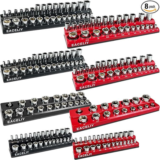8Pcs Magnetic Socket Organizer Set, 1/2", 1/4" and 3/8" SAE & Metric Deep & Shallow Tools Tray Holder Kit, holds 199pcs Sockets (sockets not included) (8PC 1/2&3/8&1/4)