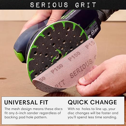 Serious Grit - 6-Inch Assorted Grit Ceramic Mesh Sanding Discs - Hook & Loop Dust-Free Ceramic Grain Net Abrasive - 80, 120, 150, 180, 220 Grit (10 of Each) - Universal Fit 125mm Sandpaper - 50 Pack
