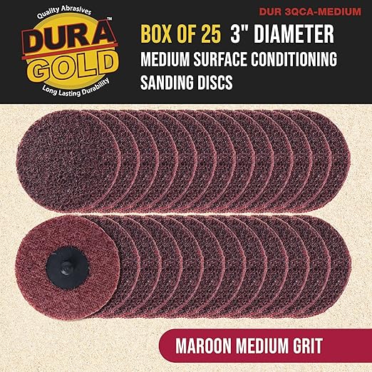 Dura-Gold 3" Diameter Surface Conditioning Discs Maroon Medium Sanding Grit (Box of 25) - R-Type Quick Change Roll Lock Connection Rust and Paint Removal Removes Oxidation and Scale
