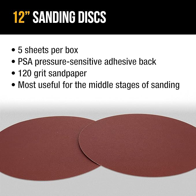 Dura-Gold Premium 12" Sanding Discs - 120 Grit (Box of 5) - Sandpaper Discs with PSA Self Adhesive Stickyback, Fast Cutting Aluminum Oxide Abrasive - Drywall, Floor, Woodworking, Automotive, Sander