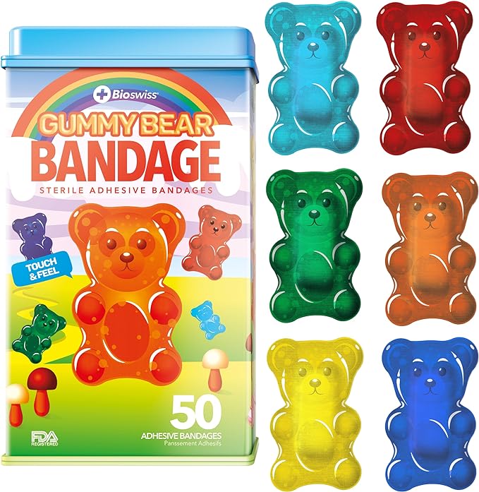 BioSwiss Bandages, Gummy Bear Shaped Self Adhesive Bandage Set, Latex Free, Sterile Wound Care, 50 Count