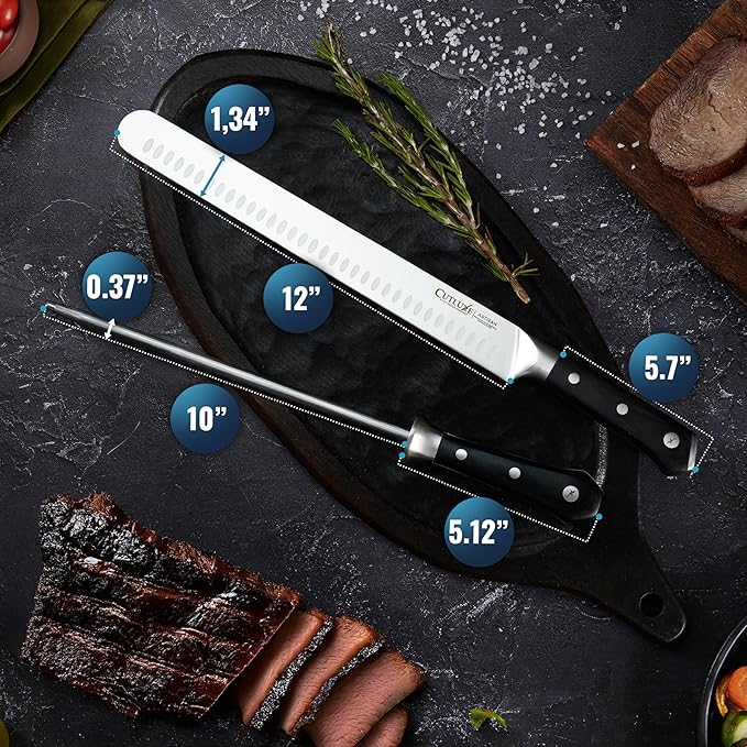 Cutluxe BBQ Knife Carving Set ??12" Brisket Knife & 10" Honing Rod, Butcher Knife Set for Meat Cutting ??Ultra Sharp German Steel, Ergonomic Pakkawood Handles ??Artisan Series