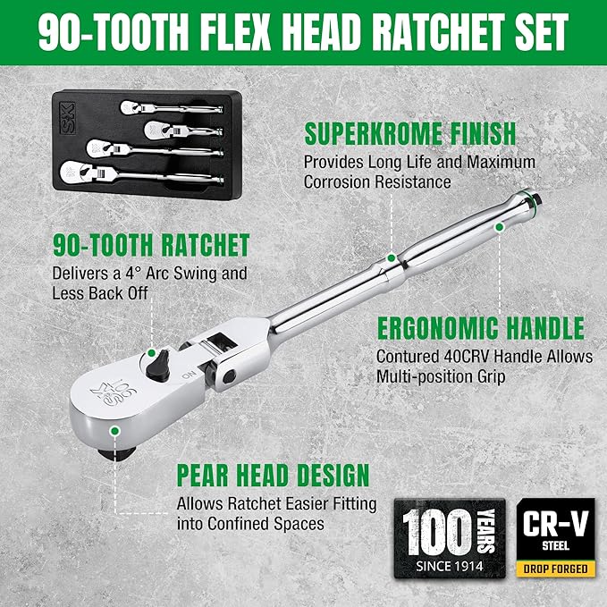 SK 4-Piece Flex-Head Ratchet Set, 1/4", 3/8", 1/2" Drive Ratchet, 90-Tooth, Premium CR-V Construction, Reversible Design, with Contoured Handle