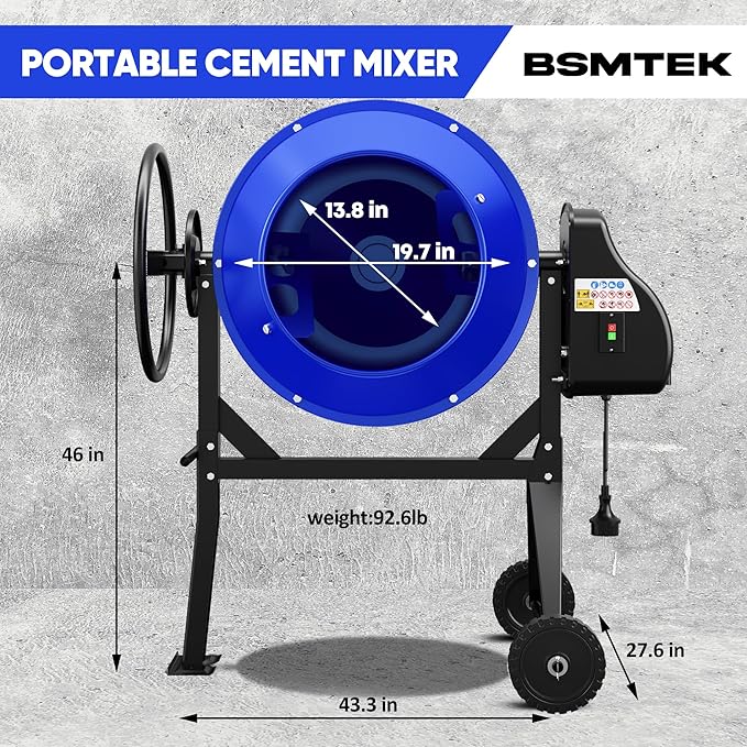4.3 Cubic Ft Electric Concrete Mixer, 3/5HP, 450W Portable Concrete Mixer Machine with Stand And Wheels for Stucco, Mortar, Seeds (Blue)