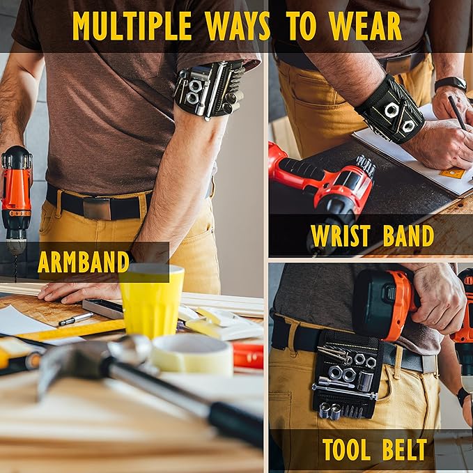 Magnetic Wristband - Tool Holder & Screw Organizer Storage Bracelet for Men & Women - 15 Strong Magnets, Tough 1680D Band, Adjustable Fit - Handyman Gifts for DIY Mechanics, Electricians, Carpenters