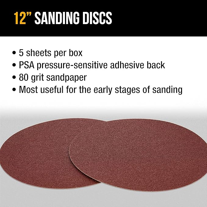 Dura-Gold Premium 12" Sanding Discs - 80 Grit (Box of 5) - Sandpaper Discs with PSA Self Adhesive Stickyback, Fast Cutting Aluminum Oxide Abrasive - Drywall, Floor, Woodworking, Automotive, Sander