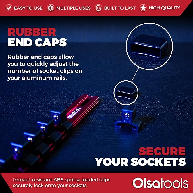Olsa Tools Socket Organizer - 1/2-Inch Drive Socket Holder Rail - Red Aluminum Rail Stores 16 Impact or Chrome Sockets - Professional Grade Metric or SAE Socket Organizer - Part: 1012