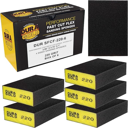 Dura-Gold 220 Grit 4-Sided Hand Sanding Block Sponges, Box of 6 - Performance Flex 3.9" x 2.75" x 1" Wet or Dry Flexible Sandpaper Abrasive Brick Pads, Reusable - Sand Wood, Drywall, Metal, Auto Paint