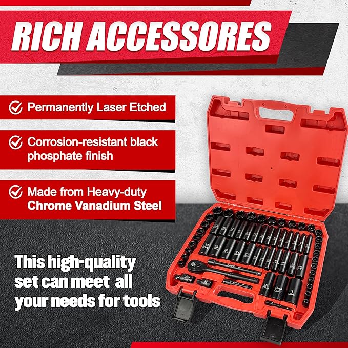 64pcs 3/8" Socket Set,Drive Impact Socket Set, SAE/Metric, Deep & Shallow, Cr-V Steel, 6 Point with Adapters, 72T Ratchet Handle, Extension Bars竊똁it Adapter竊?-24mm竊?/16-1 inch